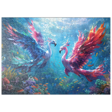 Darstellung des Puzzle Motivs puzzleplate Flamingo-Papageien am Korallenriff - Fantasie-Tiere in der Unterwasserwelt 500 Puzzle