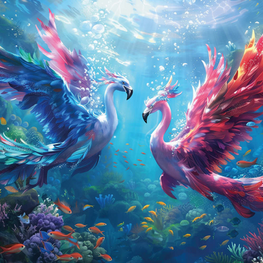 Darstellung des Puzzle Motivs Flamingo-Papageien am Korallenriff - Fantasie-Tiere in der Unterwasserwelt 500 Puzzle 3D Modell