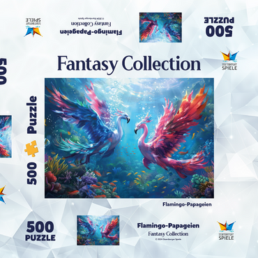 Darstellung des Puzzle Motivs Flamingo-Papageien am Korallenriff - Fantasie-Tiere in der Unterwasserwelt 500 Puzzle Schachtel 3D Modell