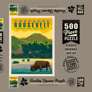 Darstellung des Puzzle Motivs Theodore Roosevelt National Park: Bison, Vintage Poster 500 Puzzle Schachtel 3D Modell