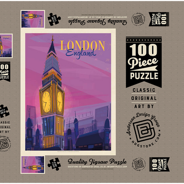 Darstellung des Puzzle Motivs England: London, Big Ben (Mod Design), Vintage Poster 100 Puzzle Schachtel 3D Modell