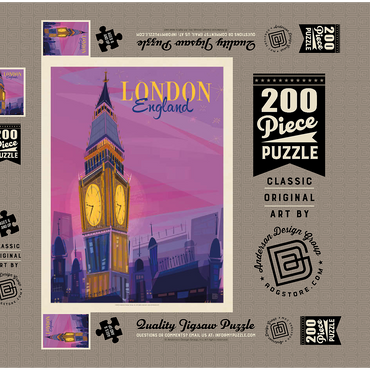 Darstellung des Puzzle Motivs England: London, Big Ben (Mod Design), Vintage Poster 200 Puzzle Schachtel 3D Modell