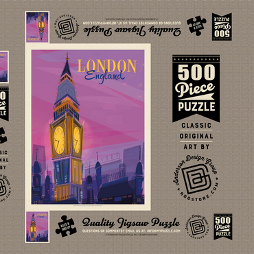Darstellung des Puzzle Motivs England: London, Big Ben (Mod Design), Vintage Poster 500 Puzzle Schachtel 3D Modell