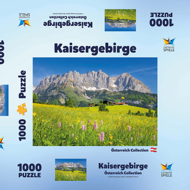 Darstellung des Puzzle Motivs Bauernhaus vor dem Wilden Kaiser, Österreich, Tirol - Kaisergebirge 1000 Puzzle Schachtel 3D Modell