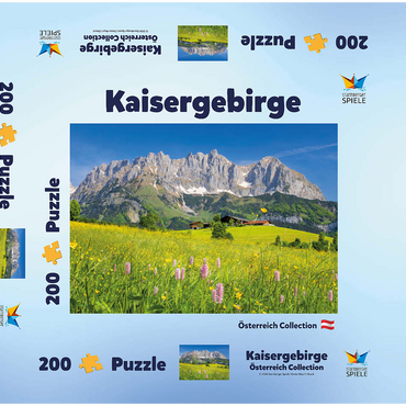 Darstellung des Puzzle Motivs Bauernhaus vor dem Wilden Kaiser, Österreich, Tirol - Kaisergebirge 200 Puzzle Schachtel 3D Modell