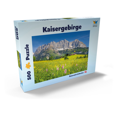Darstellung des Puzzle Motivs Bauernhaus vor dem Wilden Kaiser, Österreich, Tirol - Kaisergebirge 500 Puzzle Schachtel Ansicht2