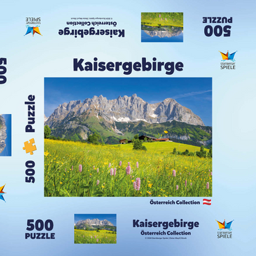 Darstellung des Puzzle Motivs Bauernhaus vor dem Wilden Kaiser, Österreich, Tirol - Kaisergebirge 500 Puzzle Schachtel 3D Modell