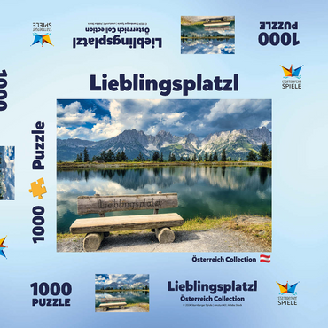 Darstellung des Puzzle Motivs Lieblingsplatzl am Wilden Kaiser, Österreich, Tirol - Kaisergebirge, Astbergsee 1000 Puzzle Schachtel 3D Modell