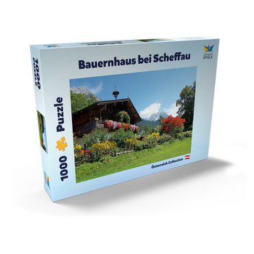 Darstellung des Puzzle Motivs Bauernhaus am Wilden Kaiser bei Scheffau, Österreich, Tirol - Kaisergebirge 1000 Puzzle Schachtel Ansicht2