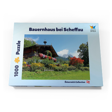 Darstellung des Puzzle Motivs Bauernhaus am Wilden Kaiser bei Scheffau, Österreich, Tirol - Kaisergebirge 1000 Puzzle Schachtel Ansicht3