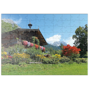 Darstellung des Puzzle Motivs puzzleplate Bauernhaus am Wilden Kaiser bei Scheffau, Österreich, Tirol - Kaisergebirge 100 Puzzle