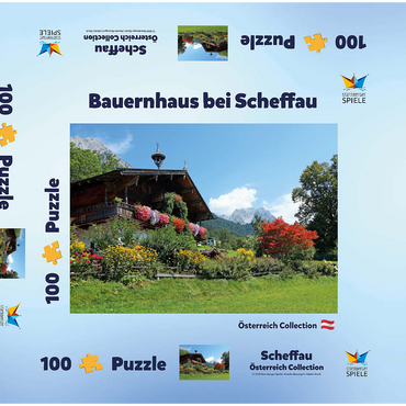 Darstellung des Puzzle Motivs Bauernhaus am Wilden Kaiser bei Scheffau, Österreich, Tirol - Kaisergebirge 100 Puzzle Schachtel 3D Modell