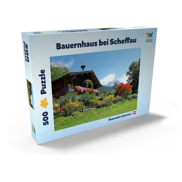 Darstellung des Puzzle Motivs Bauernhaus am Wilden Kaiser bei Scheffau, Österreich, Tirol - Kaisergebirge 500 Puzzle Schachtel Ansicht2