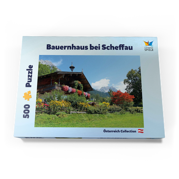 Darstellung des Puzzle Motivs Bauernhaus am Wilden Kaiser bei Scheffau, Österreich, Tirol - Kaisergebirge 500 Puzzle Schachtel Ansicht3