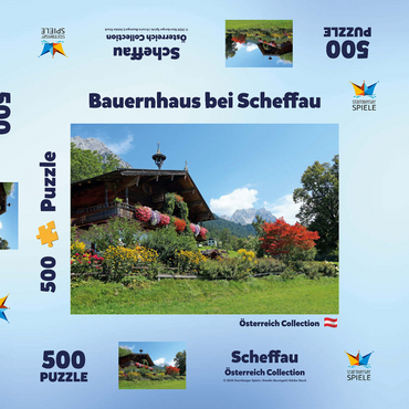 Darstellung des Puzzle Motivs Bauernhaus am Wilden Kaiser bei Scheffau, Österreich, Tirol - Kaisergebirge 500 Puzzle Schachtel 3D Modell