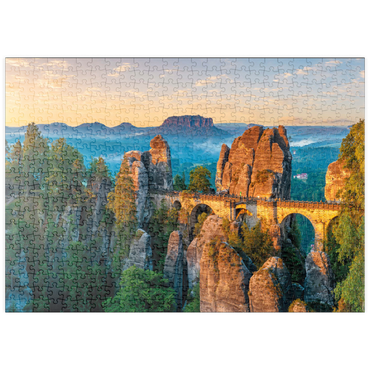 Darstellung des Puzzle Motivs puzzleplate Sonnenaufgang an der Bastei in der Sächsischen Schweiz, Sachsen, Deutschland 500 Puzzle