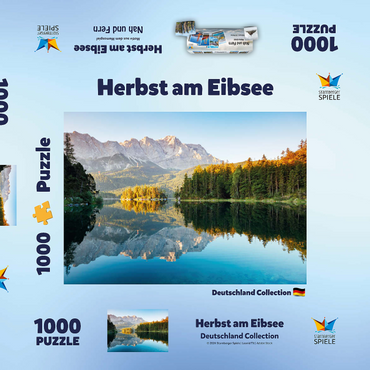 Darstellung des Puzzle Motivs Herbstlandschaft am Eibsee mit Wettersteingebirge und Zugspitze, Alpenmotiv - Bayern 1000 Puzzle Schachtel 3D Modell