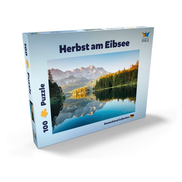 Darstellung des Puzzle Motivs Herbstlandschaft am Eibsee mit Wettersteingebirge und Zugspitze, Alpenmotiv - Bayern 100 Puzzle Schachtel Ansicht2