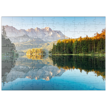 Darstellung des Puzzle Motivs puzzleplate Herbstlandschaft am Eibsee mit Wettersteingebirge und Zugspitze, Alpenmotiv - Bayern 100 Puzzle