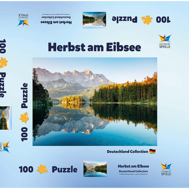 Darstellung des Puzzle Motivs Herbstlandschaft am Eibsee mit Wettersteingebirge und Zugspitze, Alpenmotiv - Bayern 100 Puzzle Schachtel 3D Modell