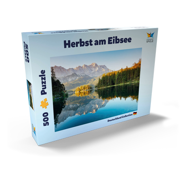 Darstellung des Puzzle Motivs Herbstlandschaft am Eibsee mit Wettersteingebirge und Zugspitze, Alpenmotiv - Bayern 500 Puzzle Schachtel Ansicht2