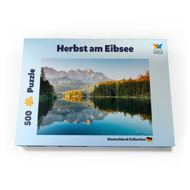 Darstellung des Puzzle Motivs Herbstlandschaft am Eibsee mit Wettersteingebirge und Zugspitze, Alpenmotiv - Bayern 500 Puzzle Schachtel Ansicht3