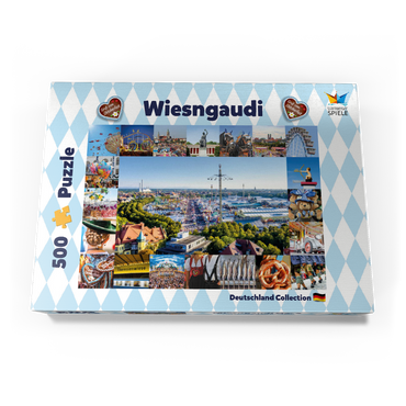 Darstellung des Puzzle Motivs Wiesgaudi No.2 - Bunte Collage vom Oktoberfest in München, Theresienwiese, Bayern, Deutschland 500 Puzzle Schachtel Ansicht3