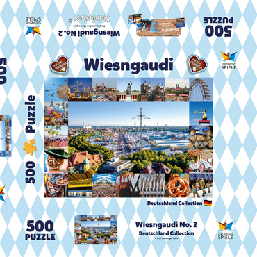 Darstellung des Puzzle Motivs Wiesgaudi No.2 - Bunte Collage vom Oktoberfest in München, Theresienwiese, Bayern, Deutschland 500 Puzzle Schachtel 3D Modell
