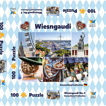 Darstellung des Puzzle Motivs Wiesgaudi No.3 - Bunte Collage vom Oktoberfest in München, Theresienwiese, Bayern, Deutschland 100 Puzzle Schachtel 3D Modell