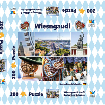 Darstellung des Puzzle Motivs Wiesgaudi No.3 - Bunte Collage vom Oktoberfest in München, Theresienwiese, Bayern, Deutschland 200 Puzzle Schachtel 3D Modell