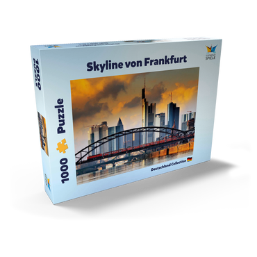 Darstellung des Puzzle Motivs Skyline von Frankfurt und Deutschherrnbrücke im Abendlicht 1000 Puzzle Schachtel Ansicht2