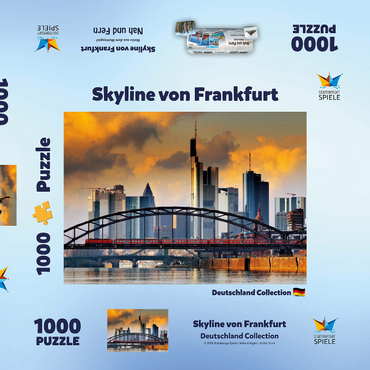 Darstellung des Puzzle Motivs Skyline von Frankfurt und Deutschherrnbrücke im Abendlicht 1000 Puzzle Schachtel 3D Modell
