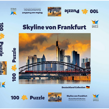 Darstellung des Puzzle Motivs Skyline von Frankfurt und Deutschherrnbrücke im Abendlicht 100 Puzzle Schachtel 3D Modell