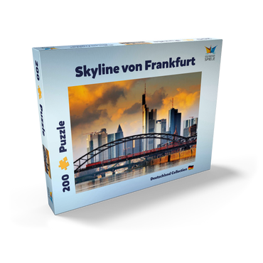 Darstellung des Puzzle Motivs Skyline von Frankfurt und Deutschherrnbrücke im Abendlicht 200 Puzzle Schachtel Ansicht2