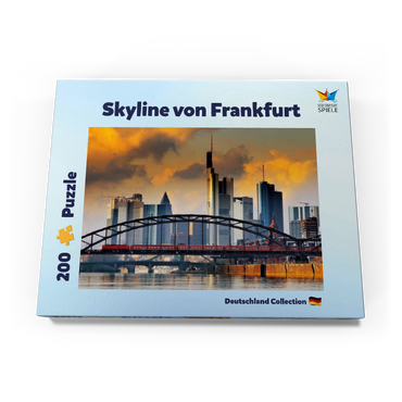Darstellung des Puzzle Motivs Skyline von Frankfurt und Deutschherrnbrücke im Abendlicht 200 Puzzle Schachtel Ansicht3