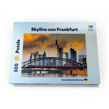 Darstellung des Puzzle Motivs Skyline von Frankfurt und Deutschherrnbrücke im Abendlicht 500 Puzzle Schachtel Ansicht3