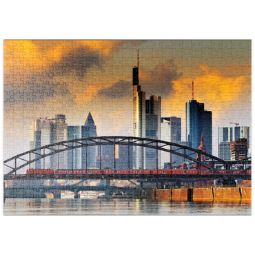 Darstellung des Puzzle Motivs puzzleplate Skyline von Frankfurt und Deutschherrnbrücke im Abendlicht 500 Puzzle
