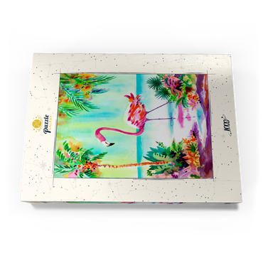 Darstellung des Puzzle Motivs Flamingo-Lagune – Aquarellkunstwerk 1000 Puzzle Schachtel Ansicht3