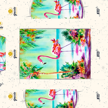 Darstellung des Puzzle Motivs Flamingo-Lagune – Aquarellkunstwerk 1000 Puzzle Schachtel 3D Modell