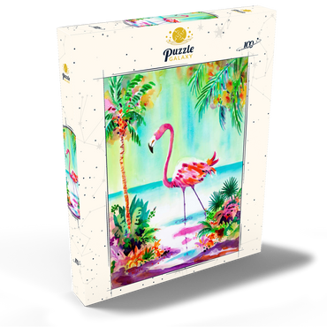 Darstellung des Puzzle Motivs Flamingo-Lagune – Aquarellkunstwerk 100 Puzzle Schachtel Ansicht2