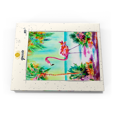 Darstellung des Puzzle Motivs Flamingo-Lagune – Aquarellkunstwerk 100 Puzzle Schachtel Ansicht3