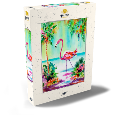 Darstellung des Puzzle Motivs Flamingo-Lagune – Aquarellkunstwerk 500 Puzzle Schachtel Ansicht2
