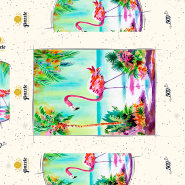 Darstellung des Puzzle Motivs Flamingo-Lagune – Aquarellkunstwerk 500 Puzzle Schachtel 3D Modell