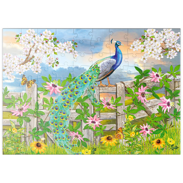 Darstellung des Puzzle Motivs puzzleplate Peacock On Fence 100 Puzzle