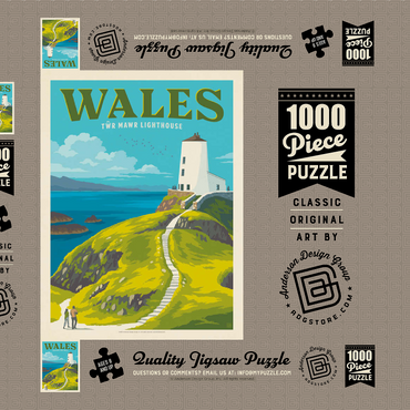 Darstellung des Puzzle Motivs Wales: Tŵr Mawr Lighthouse, Vintage Poster 1000 Puzzle Schachtel 3D Modell