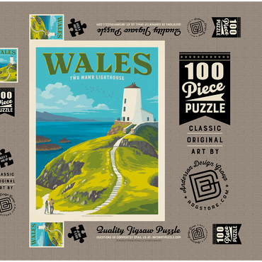 Darstellung des Puzzle Motivs Wales: Tŵr Mawr Lighthouse, Vintage Poster 100 Puzzle Schachtel 3D Modell