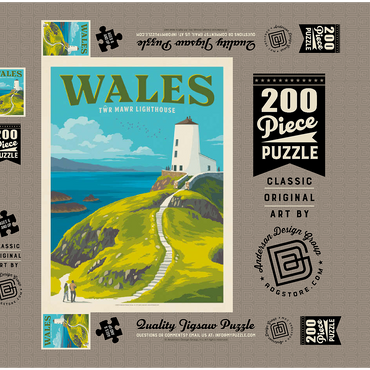 Darstellung des Puzzle Motivs Wales: Tŵr Mawr Lighthouse, Vintage Poster 200 Puzzle Schachtel 3D Modell