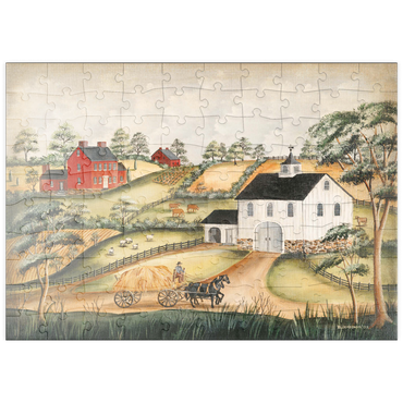 Darstellung des Puzzle Motivs puzzleplate Charming Folk Art Farm Scene with Barn and Horses 100 Puzzle