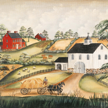 Darstellung des Puzzle Motivs Charming Folk Art Farm Scene with Barn and Horses 100 Puzzle 3D Modell