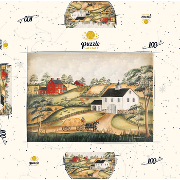 Darstellung des Puzzle Motivs Charming Folk Art Farm Scene with Barn and Horses 100 Puzzle Schachtel 3D Modell